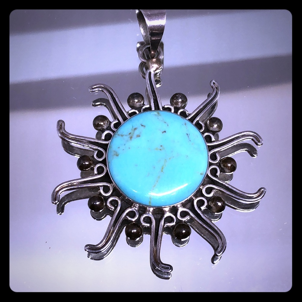 Vintage Turquoise Sterling Silver Pendant Sun ☀️